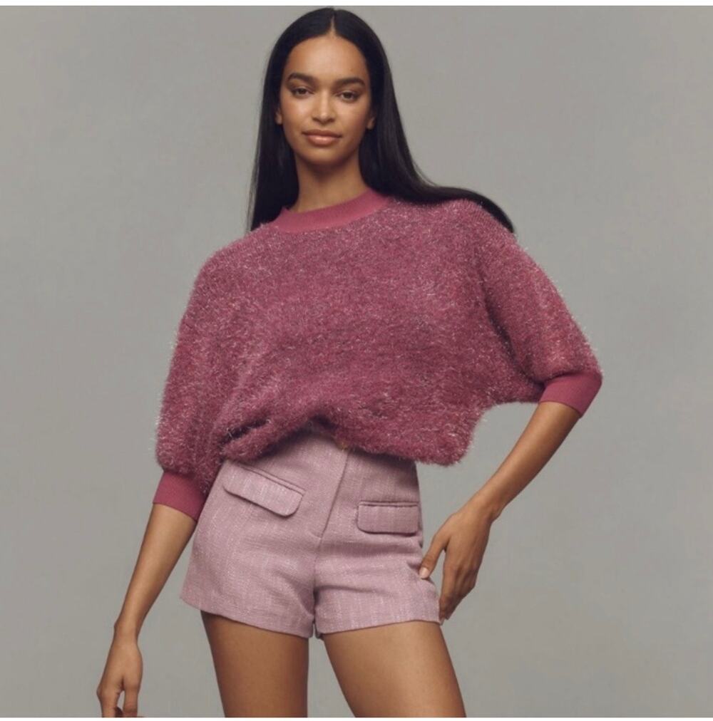 Anthropologie Maeve Violetta Sweater Womens Small Pink Tinsel Metallic Cut Out